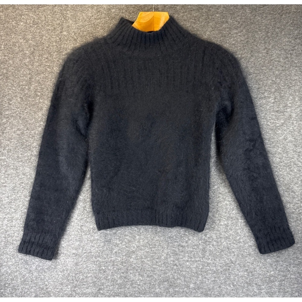 VTG Club Monaco Sweater Womens XS Black Luxury Angora Blend Mock Neck Fuzzy Knit